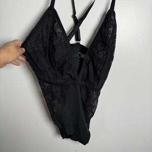 Aerie Black Lace‎ Trim Plunge Bodysuit Teddy Lingerie Sexy Comfort XS